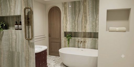 Canonbury master ensuite render — angled view of bath and vanity