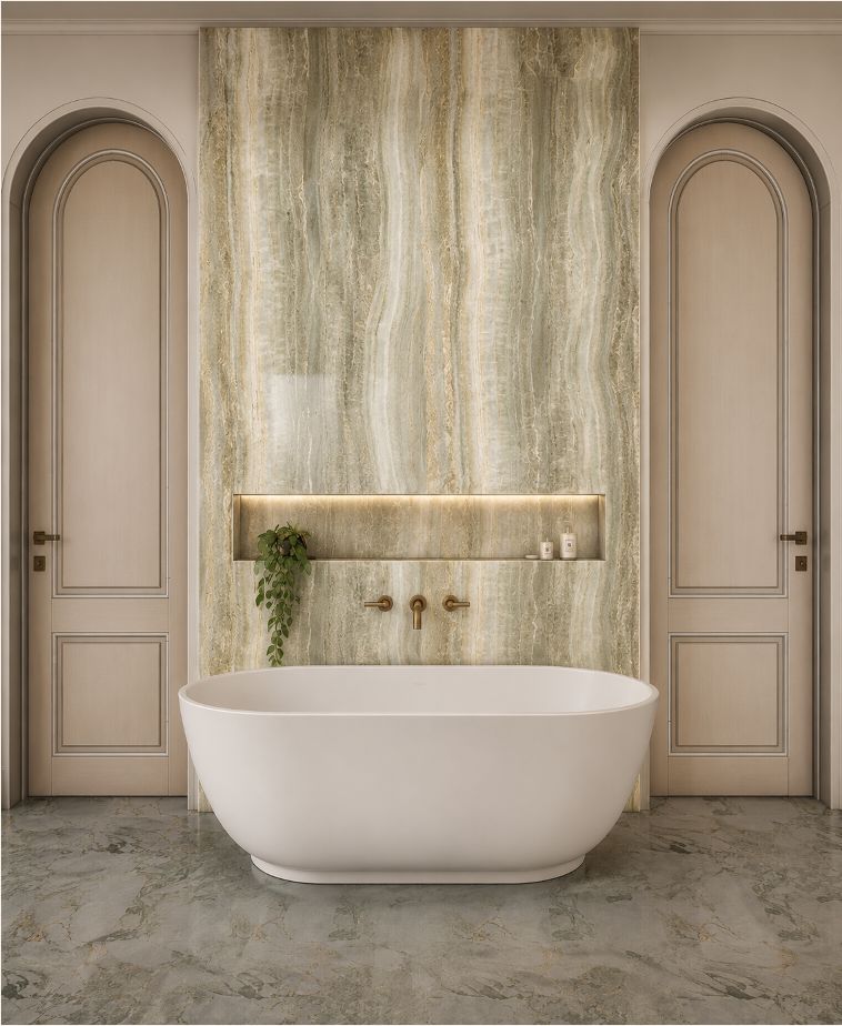 Canonbury master ensuite render — freestanding bath and onyx feature wall
