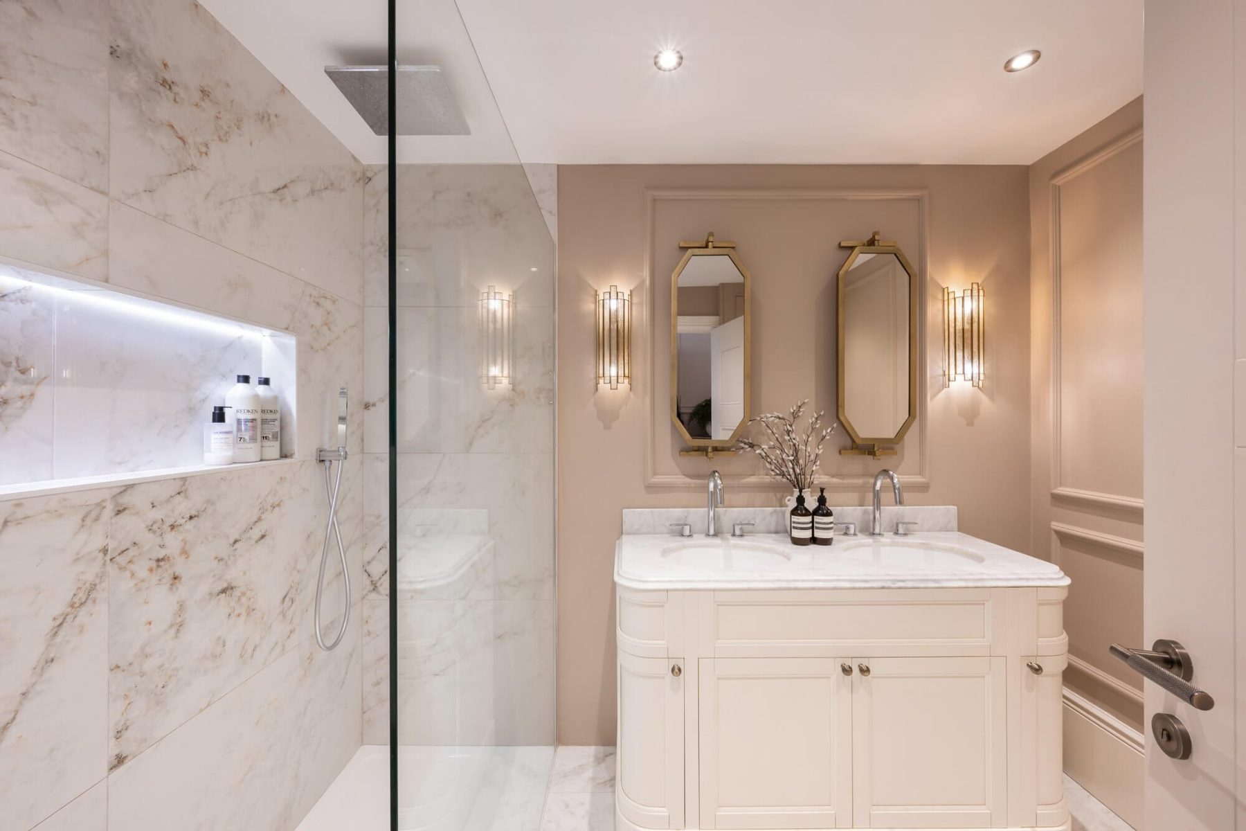 Bathroom with marble-effect shower and double vanity