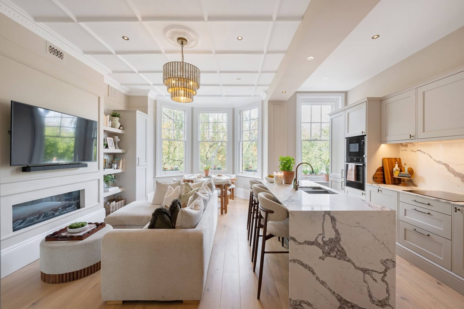 Living room with linear fireplace and built-in joinery