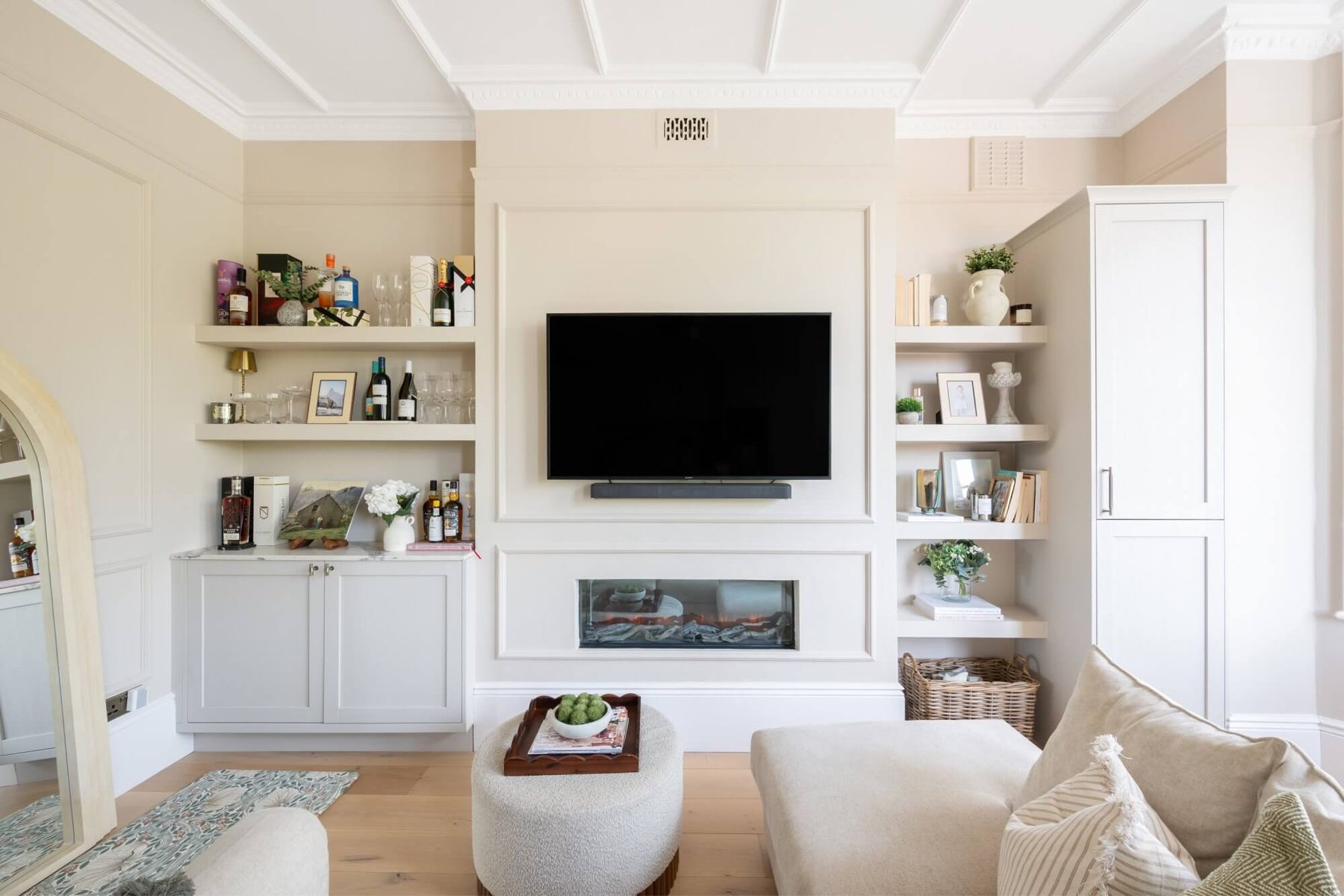 Media wall with built-in shelving