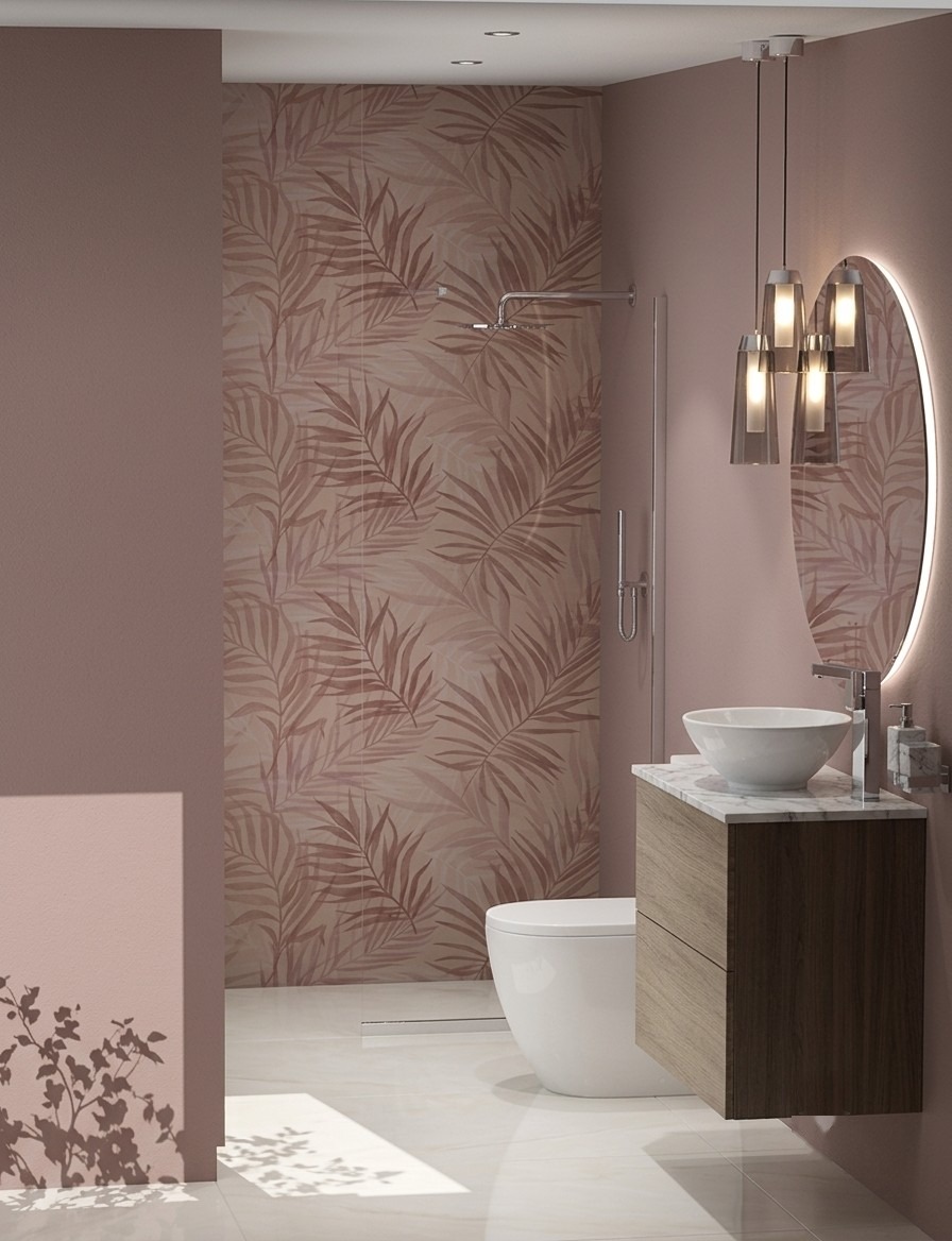 Cork ensuite render — oak and chrome finish