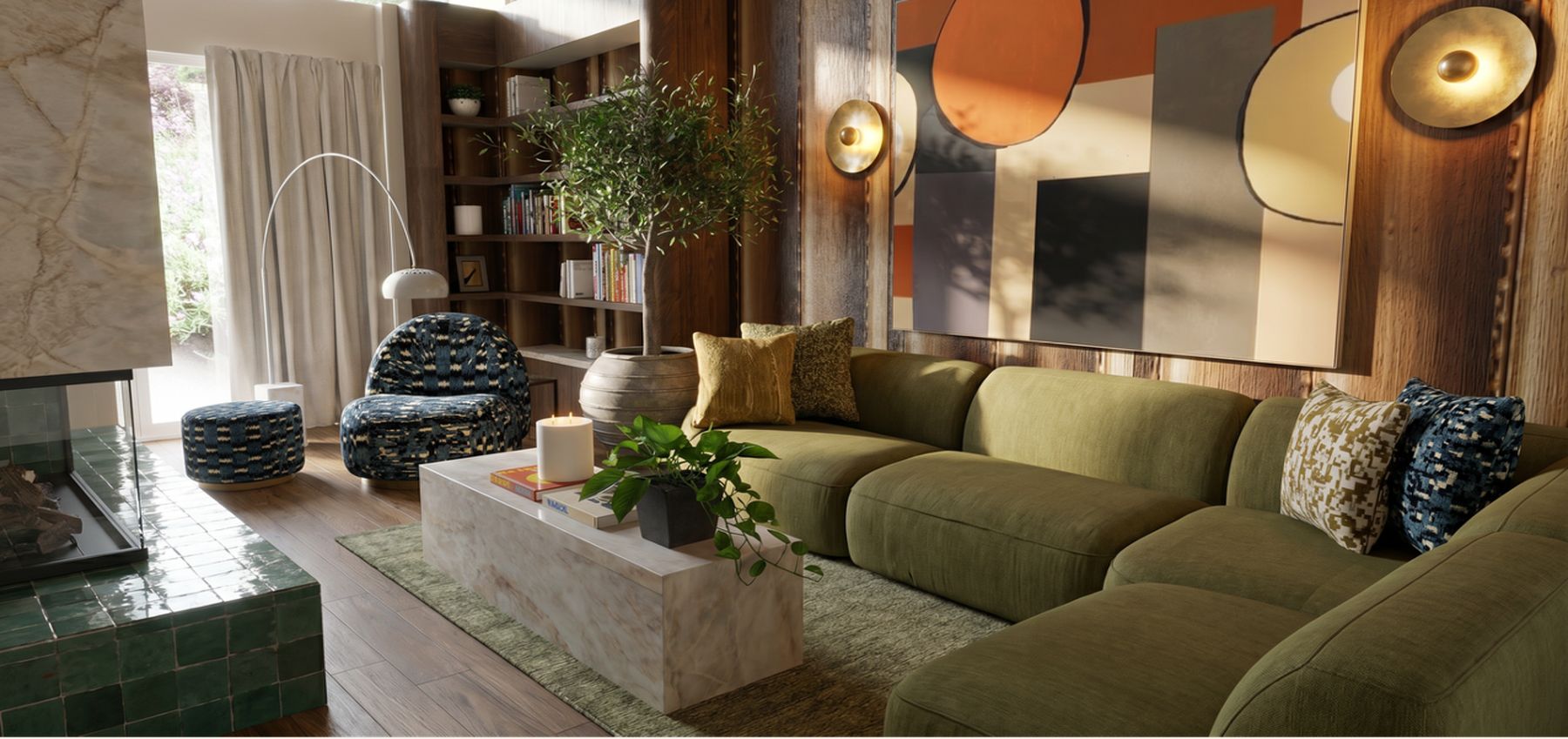 Hampstead living room render with patterned armchair